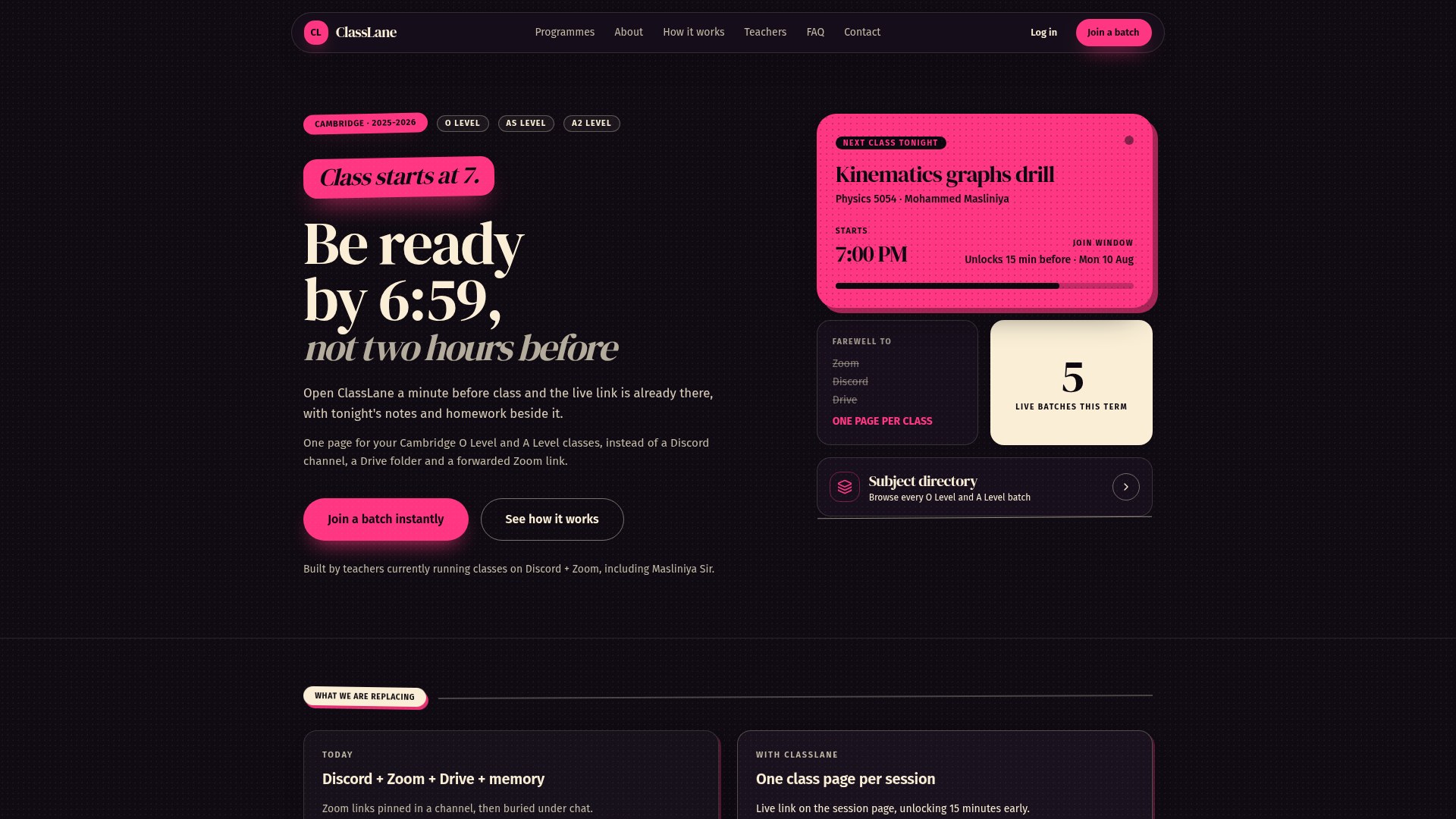 ClassLane landing page: one class page per session with tonight's live batch and schedule