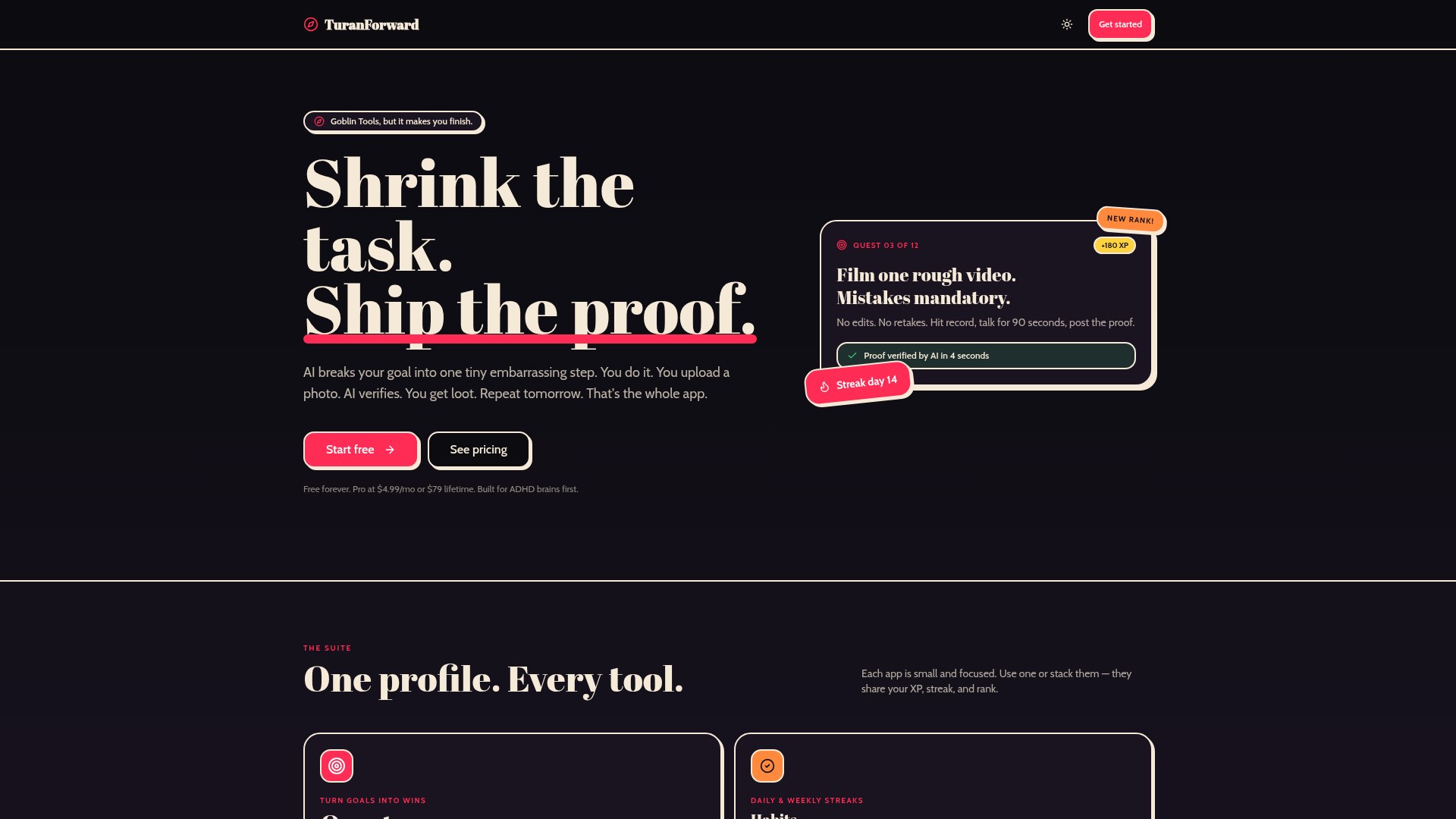 TuranForward landing page: AI breaks your goal into one tiny step, with quest and streak cards